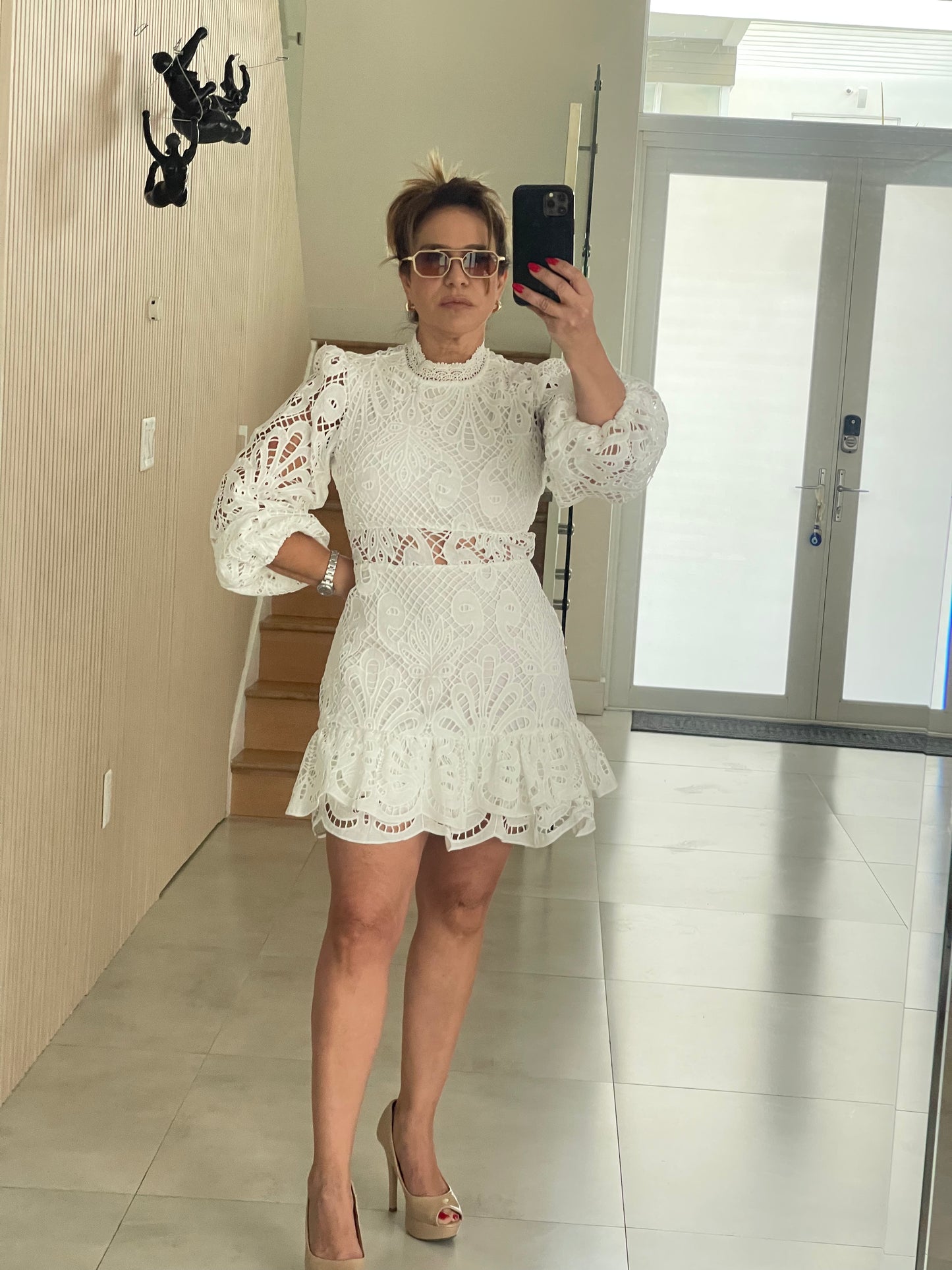 Dress short - belt white embroidery